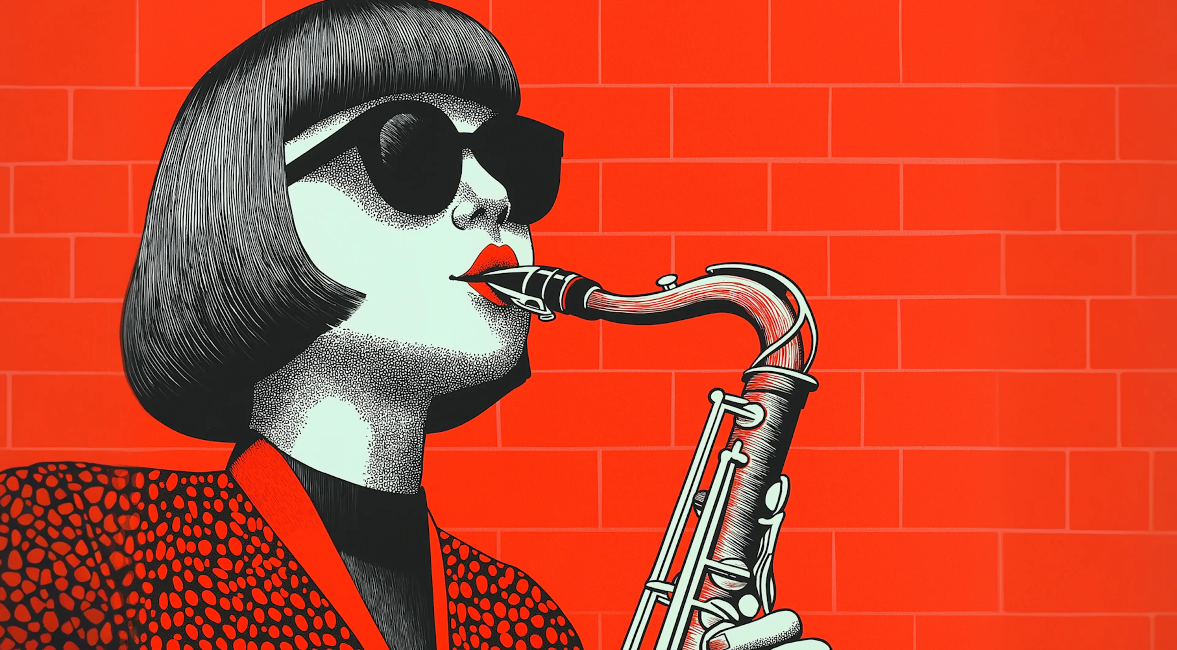 Illustrated woman with a saxophone on red