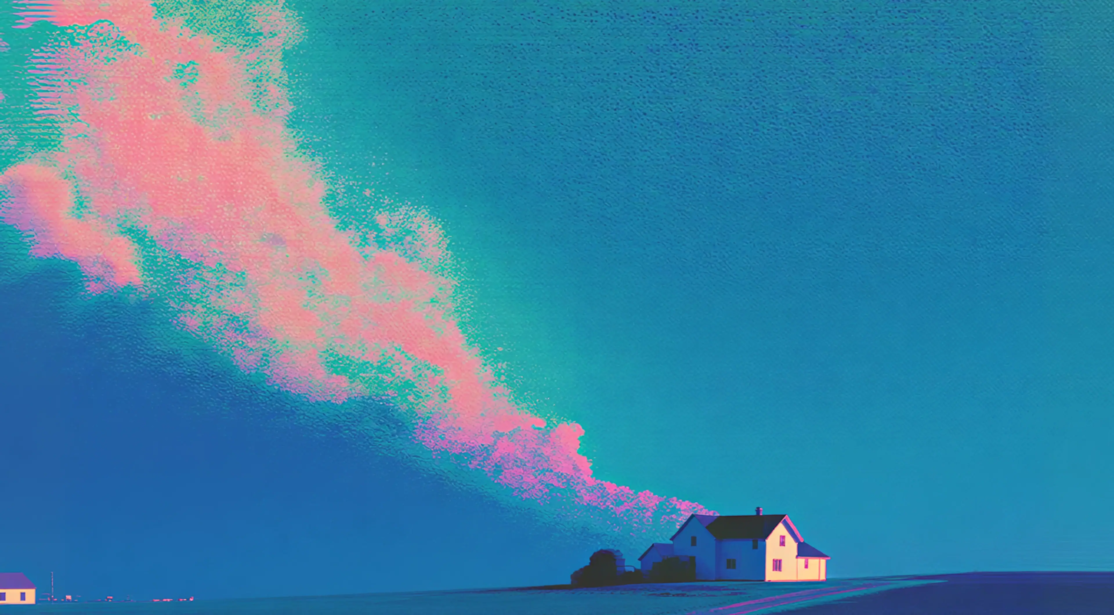 Small house under a pink and blue sky