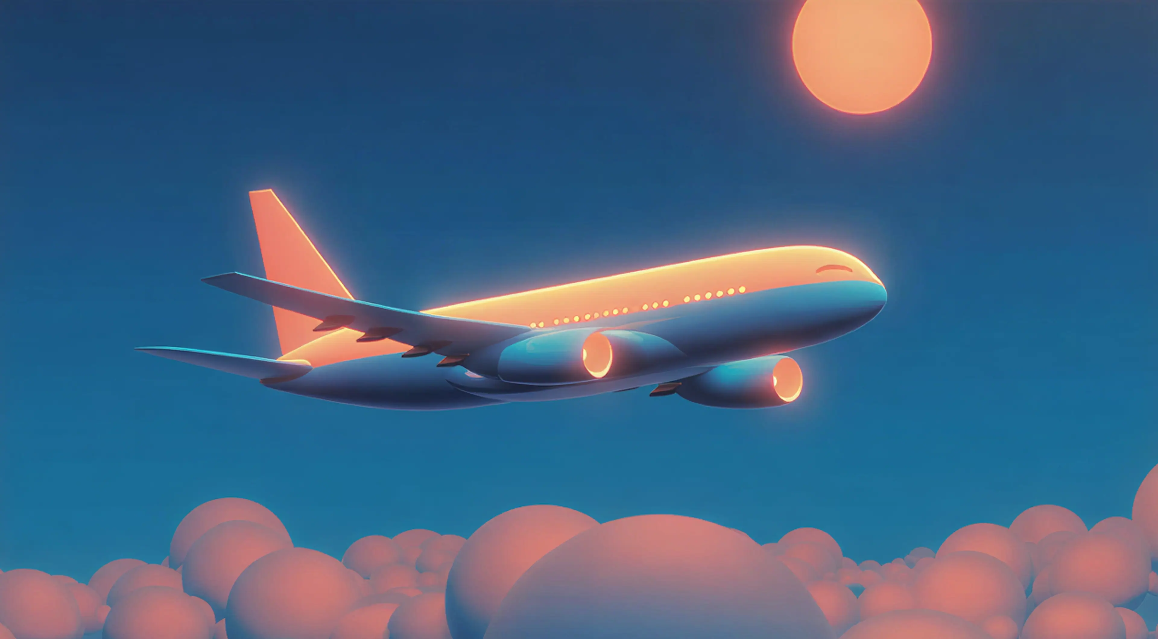 Airplane flying through sunset clouds