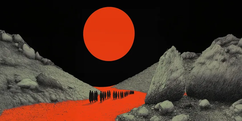 Surreal landscape with a red sun, mountains, and river